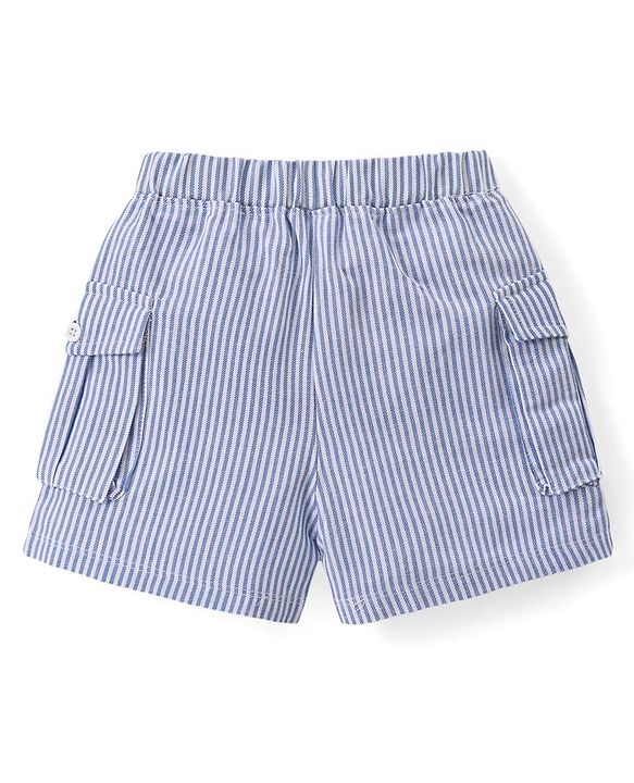 Babyhug Cotton Knit Half Sleeves Text Printed Polo T-Shirt & Striped Shorts Set - Yellow & Blue