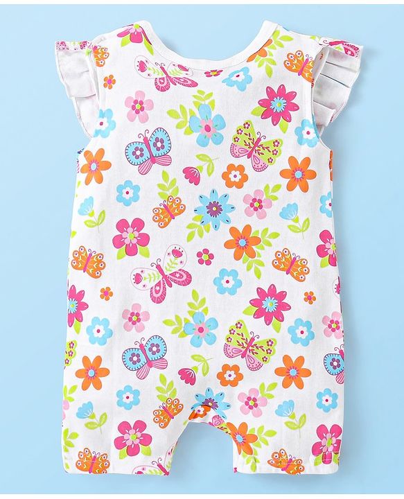 Babyhug 100% Cotton Knit Frill Sleeves Romper Floral & Butterfly Print - White