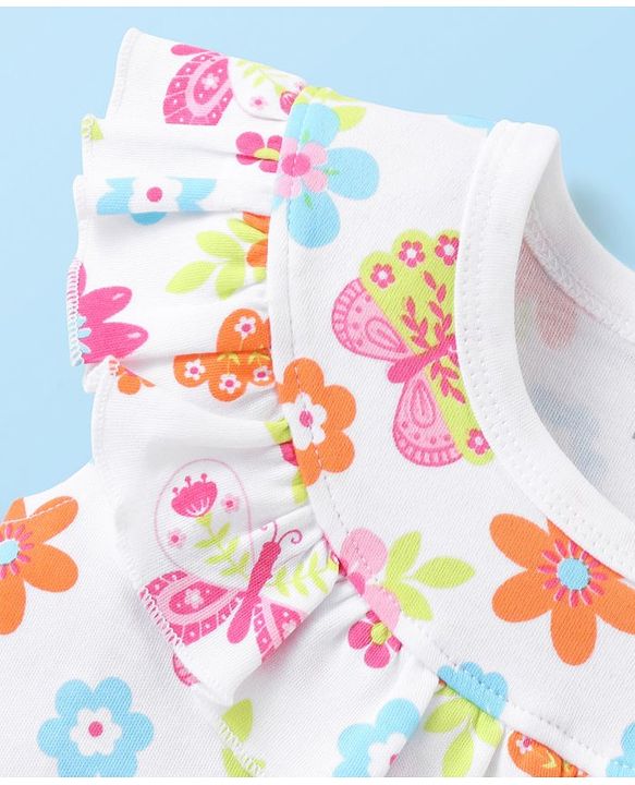 Babyhug 100% Cotton Knit Frill Sleeves Romper Floral & Butterfly Print - White