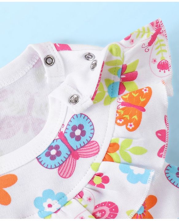 Babyhug 100% Cotton Knit Frill Sleeves Romper Floral & Butterfly Print - White