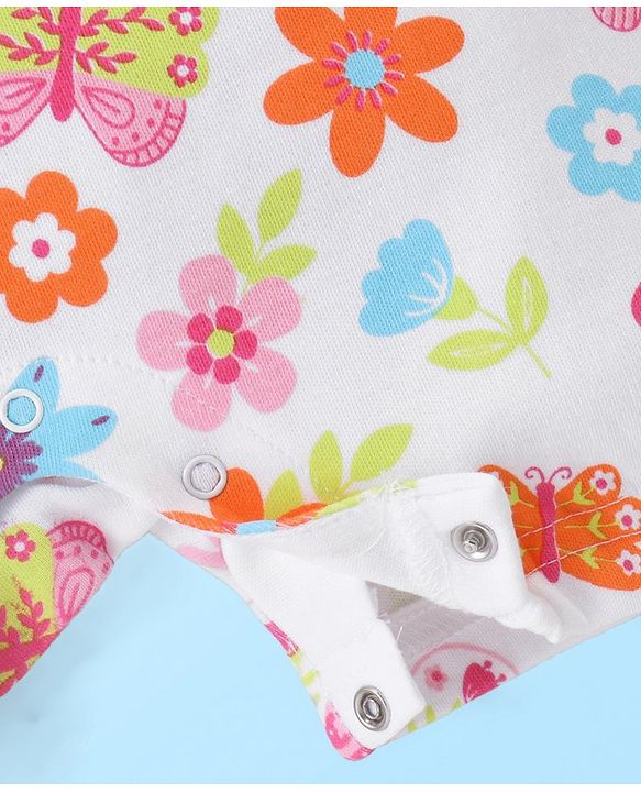 Babyhug 100% Cotton Knit Frill Sleeves Romper Floral & Butterfly Print - White