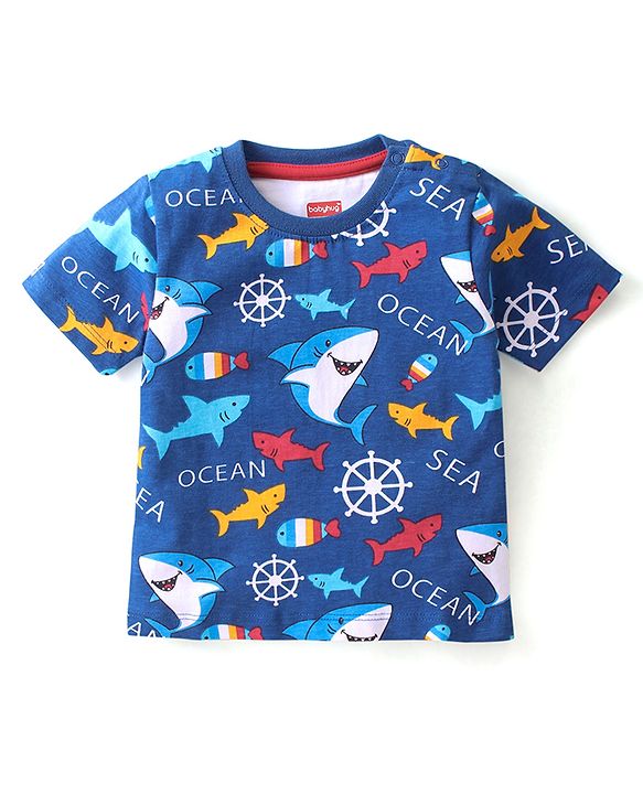 Babyhug 100% Cotton Knit Half Sleeves T-Shirt & Dungaree Set Aquatic Animal Print -Blue & Red