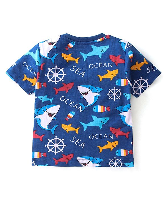 Babyhug 100% Cotton Knit Half Sleeves T-Shirt & Dungaree Set Aquatic Animal Print -Blue & Red
