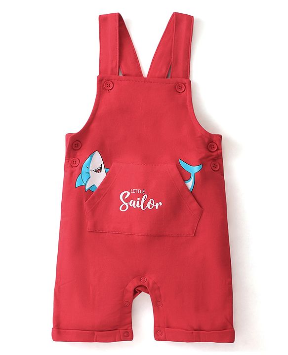Babyhug 100% Cotton Knit Half Sleeves T-Shirt & Dungaree Set Aquatic Animal Print -Blue & Red