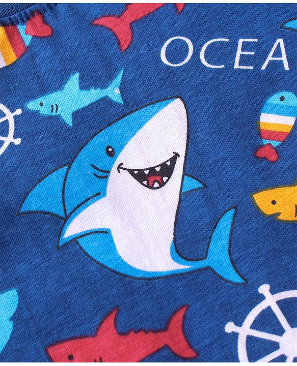 Babyhug 100% Cotton Knit Half Sleeves T-Shirt & Dungaree Set Aquatic Animal Print -Blue & Red