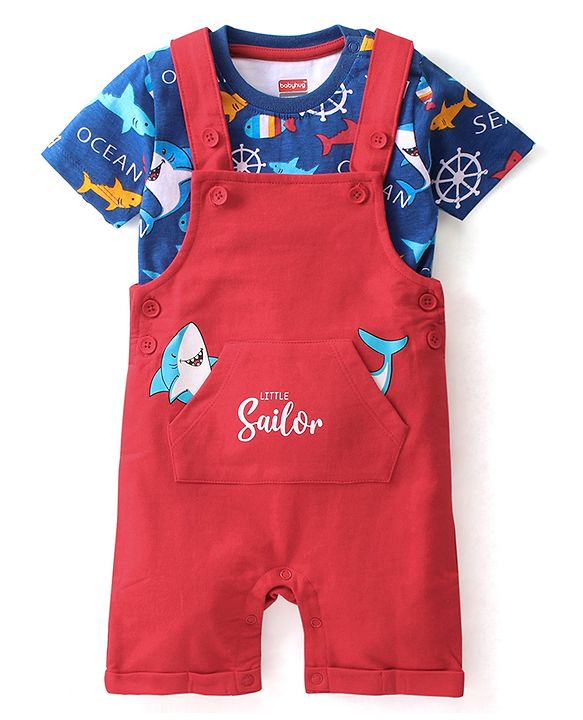 Babyhug 100% Cotton Knit Half Sleeves T-Shirt & Dungaree Set Aquatic Animal Print -Blue & Red
