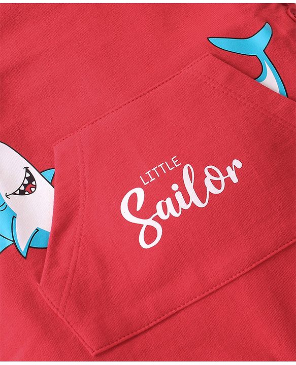Babyhug 100% Cotton Knit Half Sleeves T-Shirt & Dungaree Set Aquatic Animal Print -Blue & Red