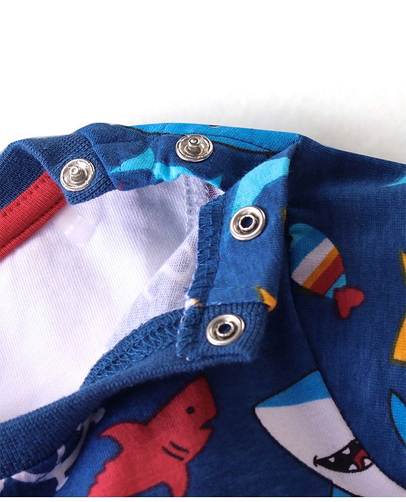 Babyhug 100% Cotton Knit Half Sleeves T-Shirt & Dungaree Set Aquatic Animal Print -Blue & Red