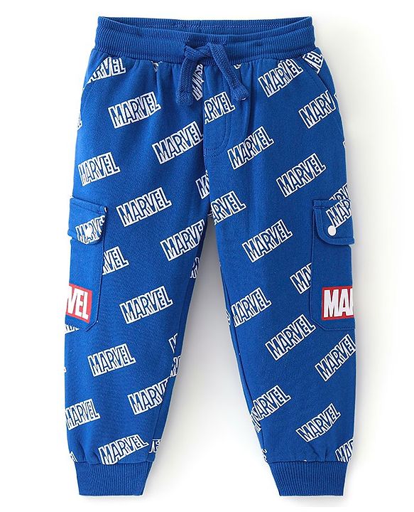 Babyhug Marvel Cotton Looper Knit Full Length Lounge Pant Text Print - Blue
