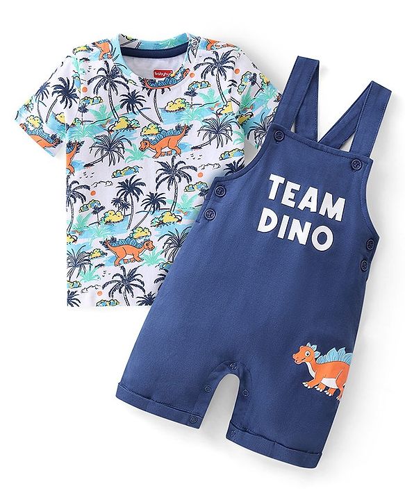 Babyhug 100% Cotton Knit Single Jersey Dungaree & Half Sleeves T-Shirt With Dino Print - White & Blue