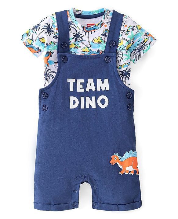 Babyhug 100% Cotton Knit Single Jersey Dungaree & Half Sleeves T-Shirt With Dino Print - White & Blue