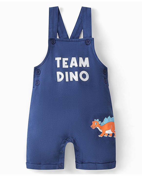 Babyhug 100% Cotton Knit Single Jersey Dungaree & Half Sleeves T-Shirt With Dino Print - White & Blue
