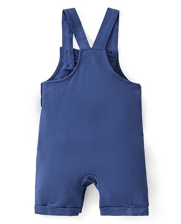 Babyhug 100% Cotton Knit Single Jersey Dungaree & Half Sleeves T-Shirt With Dino Print - White & Blue