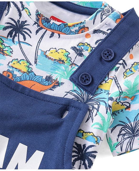 Babyhug 100% Cotton Knit Single Jersey Dungaree & Half Sleeves T-Shirt With Dino Print - White & Blue