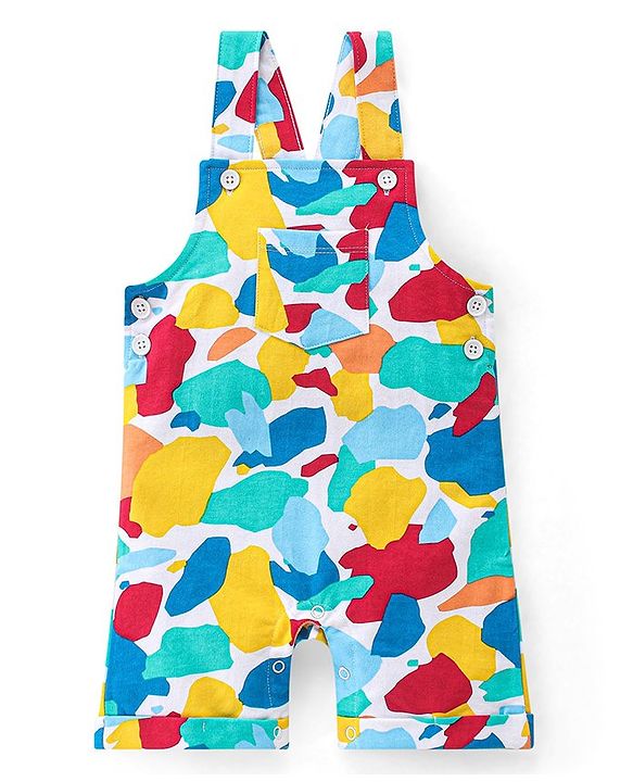Babyhug 100% Cotton Knit Dungaree & Half Sleeves T-Shirt Set With Abstract Print -Multicolour