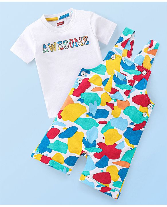 Babyhug 100% Cotton Knit Dungaree & Half Sleeves T-Shirt Set With Abstract Print -Multicolour