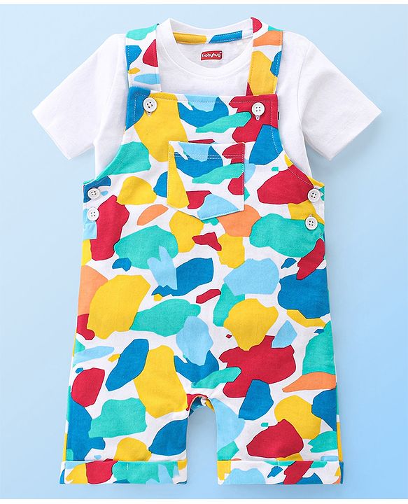 Babyhug 100% Cotton Knit Dungaree & Half Sleeves T-Shirt Set With Abstract Print -Multicolour