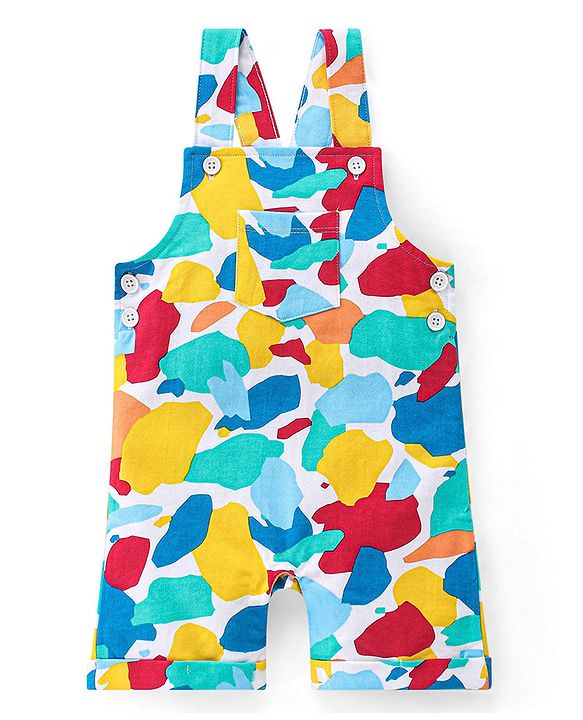 Babyhug 100% Cotton Knit Dungaree & Half Sleeves T-Shirt Set With Abstract Print -Multicolour