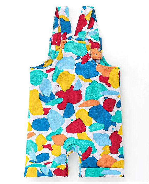 Babyhug 100% Cotton Knit Dungaree & Half Sleeves T-Shirt Set With Abstract Print -Multicolour