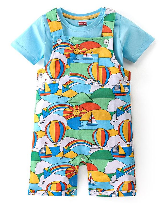 Babyhug Single Jersey Knit Boat Printed Dungaree & Half Sleeves T-Shirt - Light Blue & Multicolor