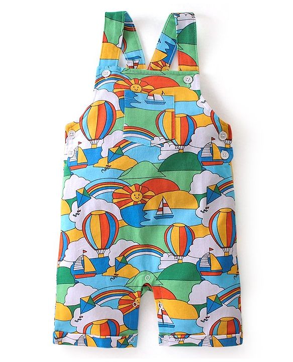 Babyhug Single Jersey Knit Boat Printed Dungaree & Half Sleeves T-Shirt - Light Blue & Multicolor