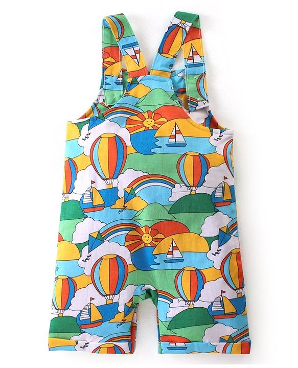 Babyhug Single Jersey Knit Boat Printed Dungaree & Half Sleeves T-Shirt - Light Blue & Multicolor