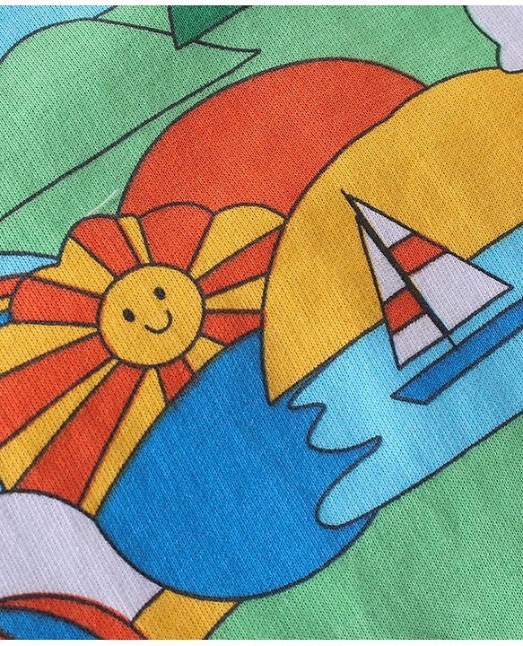 Babyhug Single Jersey Knit Boat Printed Dungaree & Half Sleeves T-Shirt - Light Blue & Multicolor