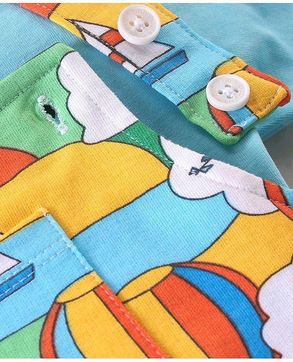 Babyhug Single Jersey Knit Boat Printed Dungaree & Half Sleeves T-Shirt - Light Blue & Multicolor