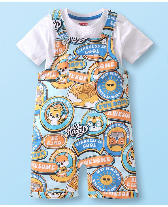 Babyhug Single Jersey Knit Tiger Printed Dungaree & Half Sleeves T-Shirt - White & Multicolor