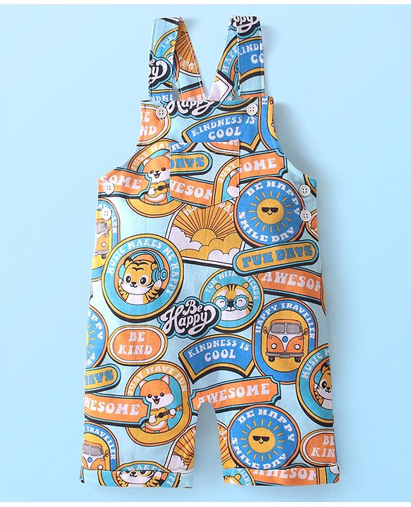 Babyhug Single Jersey Knit Tiger Printed Dungaree & Half Sleeves T-Shirt - White & Multicolor
