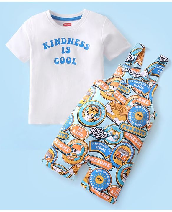 Babyhug Single Jersey Knit Tiger Printed Dungaree & Half Sleeves T-Shirt - White & Multicolor