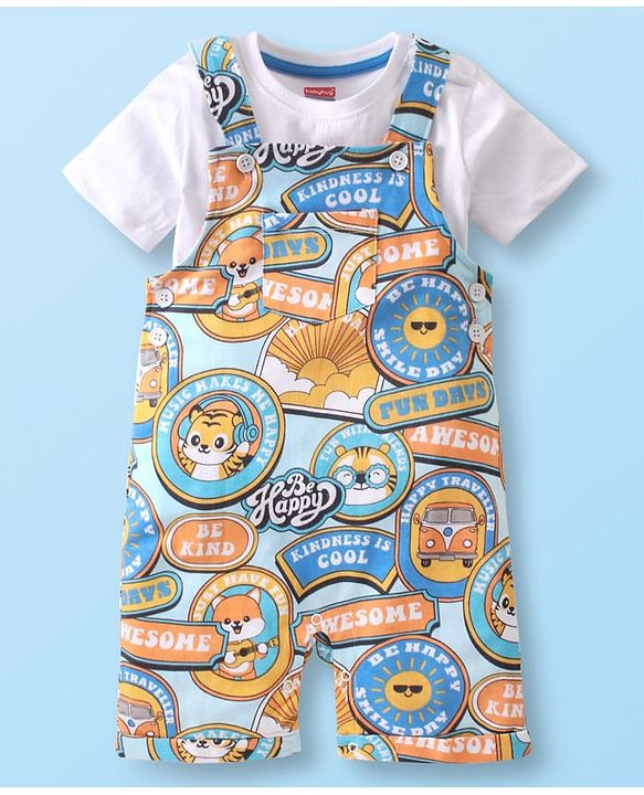 Babyhug Single Jersey Knit Tiger Printed Dungaree & Half Sleeves T-Shirt - White & Multicolor