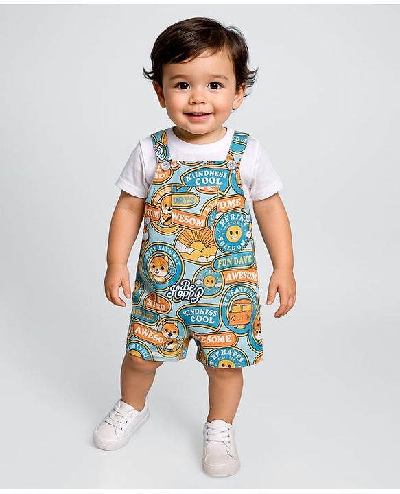 Babyhug Single Jersey Knit Tiger Printed Dungaree & Half Sleeves T-Shirt - White & Multicolor