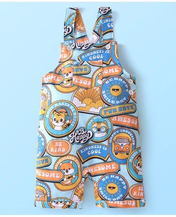 Babyhug Single Jersey Knit Tiger Printed Dungaree & Half Sleeves T-Shirt - White & Multicolor