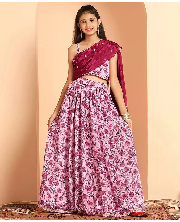 Candy Pink Colored Sequinned Crop-Top Sharara Set with Attached Dupatta in  Georgette