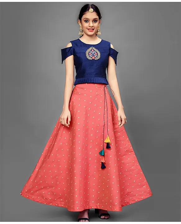 Buy Fashion Dream Jacquard Cold Shoulder Half Sleeves Floral Embroidered  Choli With Abstract Design Printed Lehenga Purple for Girls (9-10Years)  Online in India, Shop at FirstCry.com - 15826141