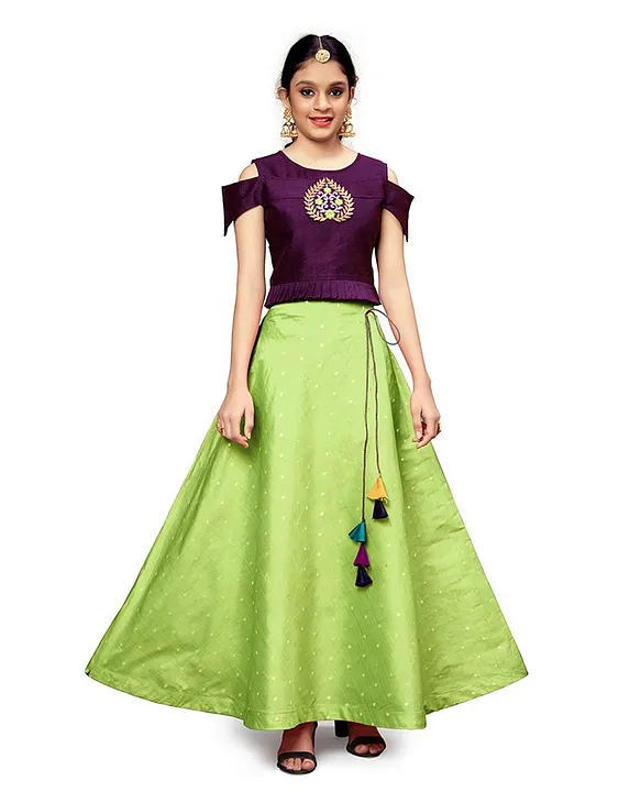 Dark blue double layered skirt with cold shoulder blouse & hand embroidered  lehnga - Godwit Khadi