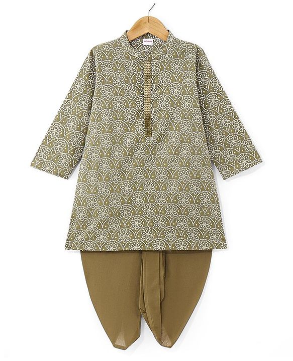 Babyhug 100% Cotton Woven Full Sleeves Bandhani Printed Kurta Dhoti Set -Green