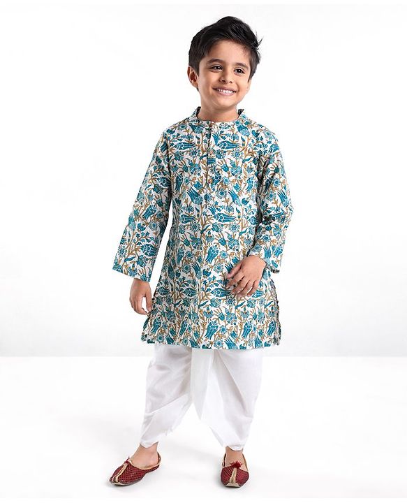 Babyhug Cotton Woven Full Sleeves Kurta & Dhoti Set With Floral Print - Blue & White