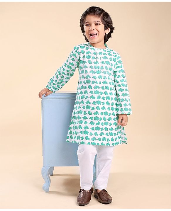 Babyhug Cotton Woven Full Sleeves Elephant Print Kurta & Pajama Set - Green & White