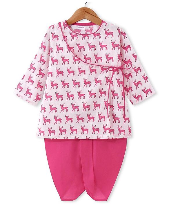 Babyhug Cotton Woven Full Sleeves Angarkha Style Kurta & Dhoti Set Deer Print - Pink