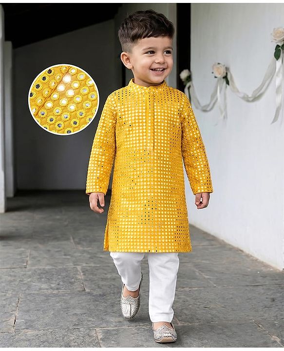 Babyhug Woven Full Sleeves Mirrior Embroide Kurta Payjama Set - Yellow