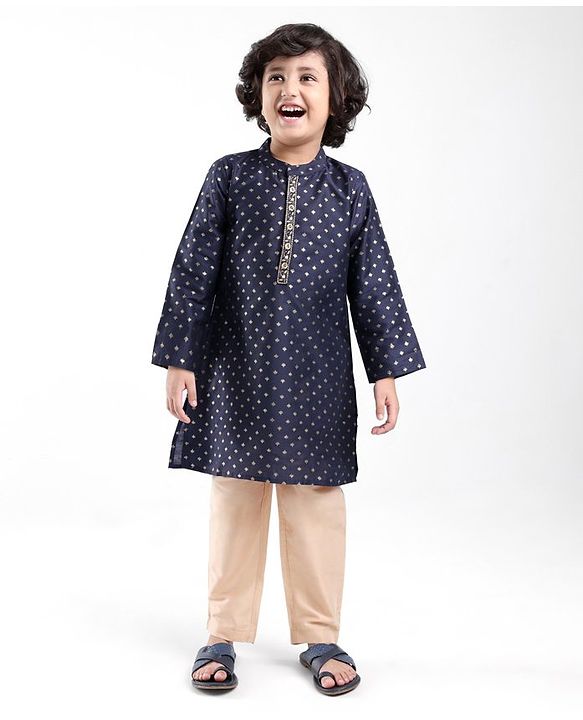 Babyhug Woven Full Sleeves Foil Printed Kurta Pyjama Set - Navy Blue