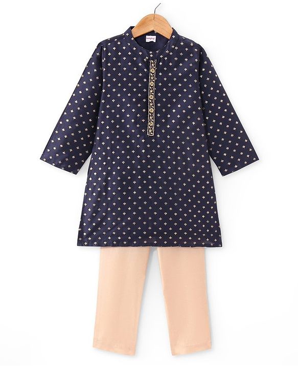 Babyhug Woven Full Sleeves Foil Printed Kurta Pyjama Set - Navy Blue