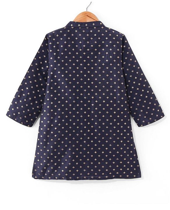 Babyhug Woven Full Sleeves Foil Printed Kurta Pyjama Set - Navy Blue