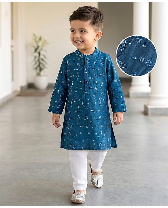 Babyhug Woven Full Sleeves Mirror Embroidered Kurta Payjama Set-Teal Blue