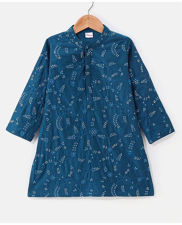 Babyhug Woven Full Sleeves Mirror Embroidered Kurta Payjama Set-Teal Blue