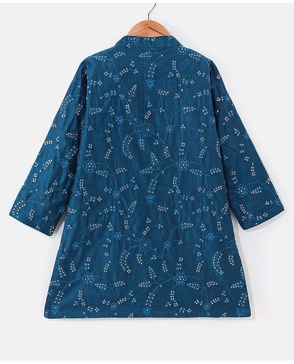 Babyhug Woven Full Sleeves Mirror Embroidered Kurta Payjama Set-Teal Blue