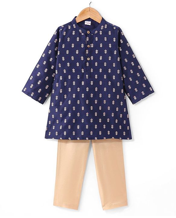 Babyhug Woven Full Sleeves Floral Embroide Kurta Payjama Set - Navy Blue
