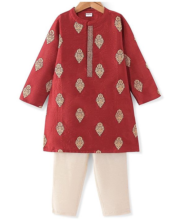 Babyhug Woven Full Sleeves Kurta & Pyjama Set With Zari Embroidery - Red
